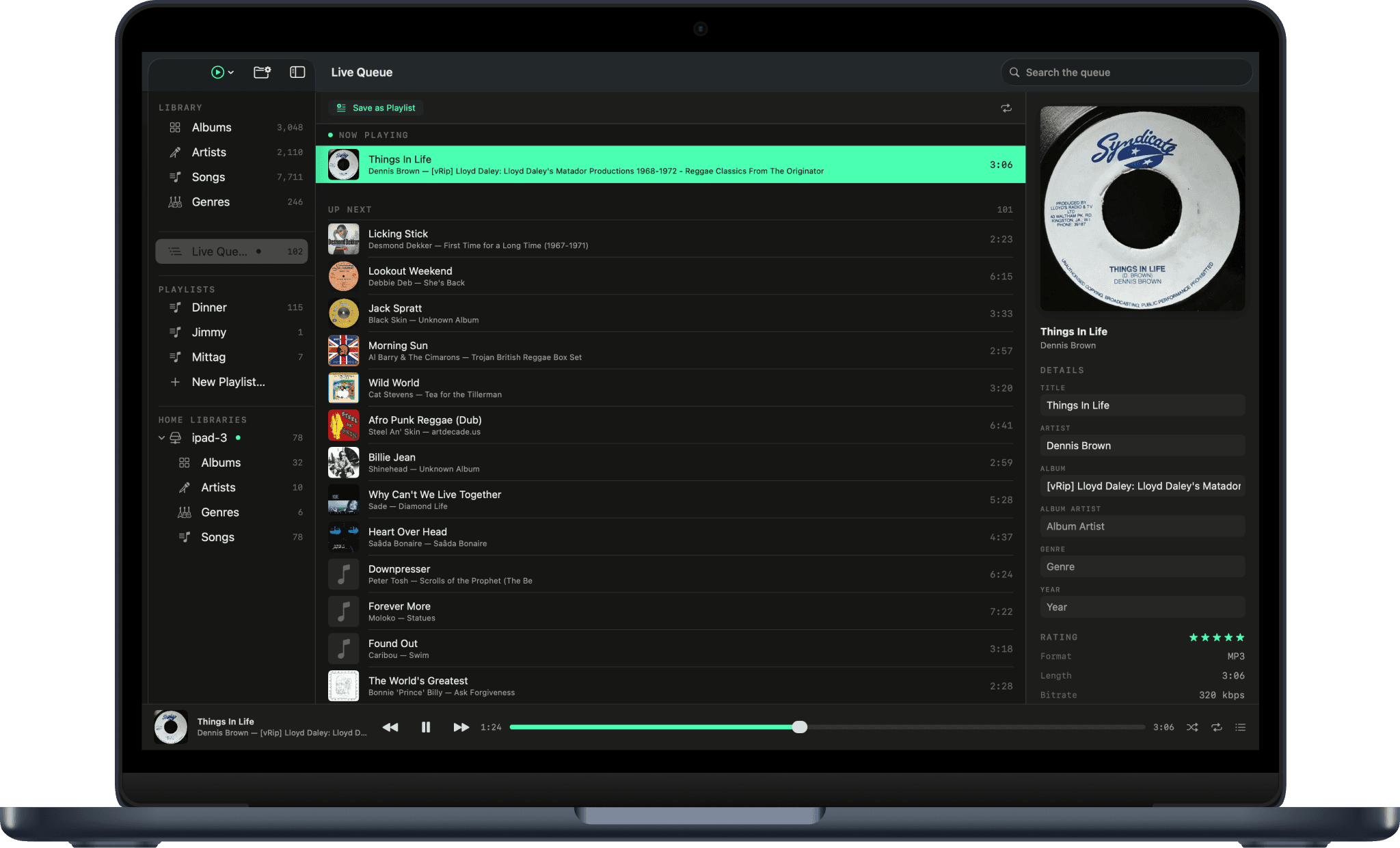Icoustic on MacBook — library, live queue, and now playing